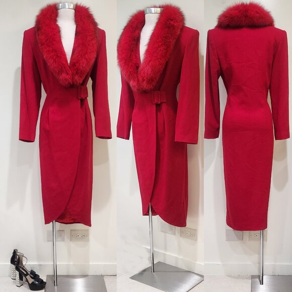 💖UBER GORGE!💖VTG 100% Wool Tailored Coat w/ Genuine Fox Fur Collar in Red - Picture 1 of 15